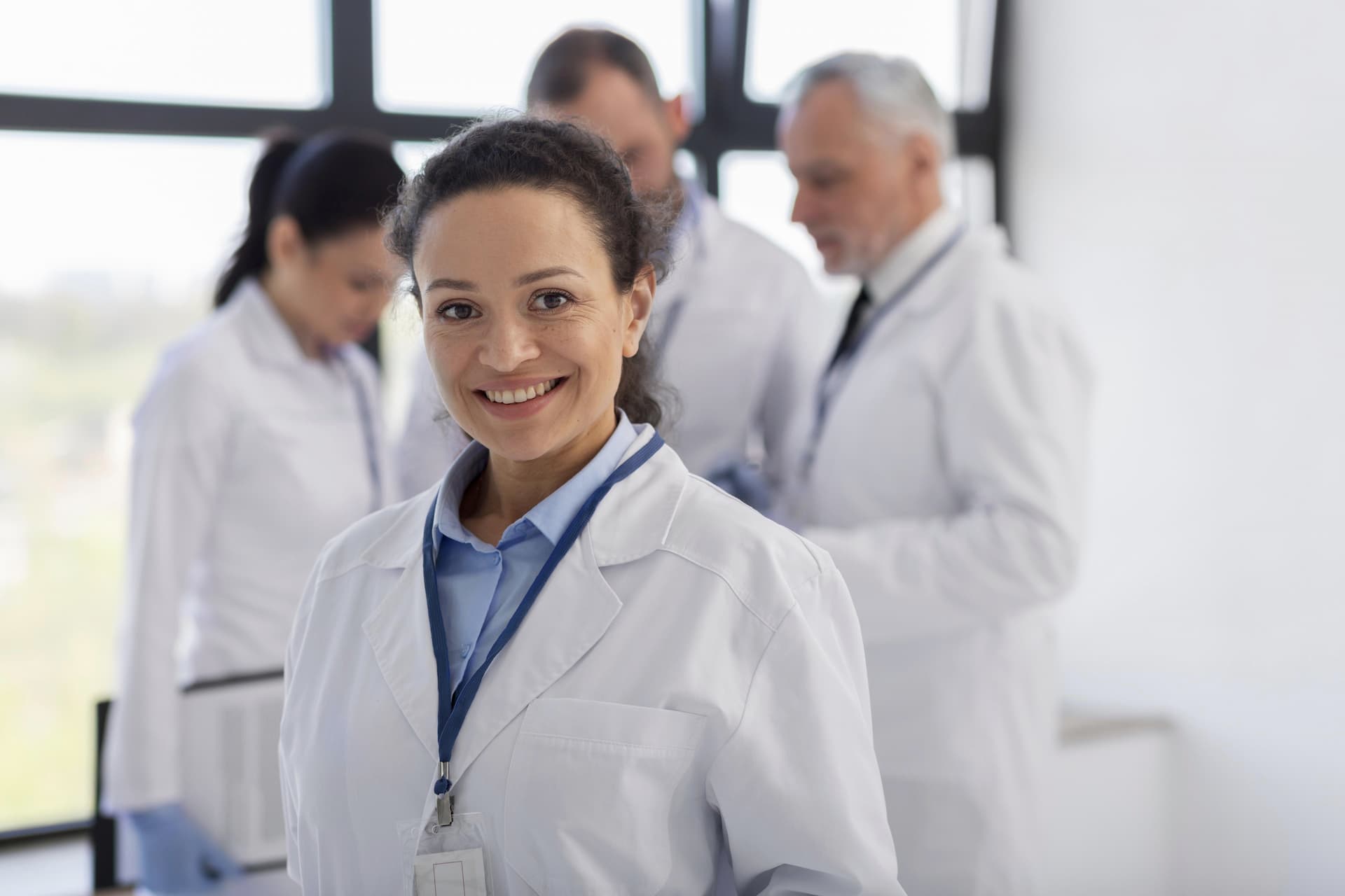 A smiling female scientist in a white lab coat stands in the foreground while her colleagues work in the background.